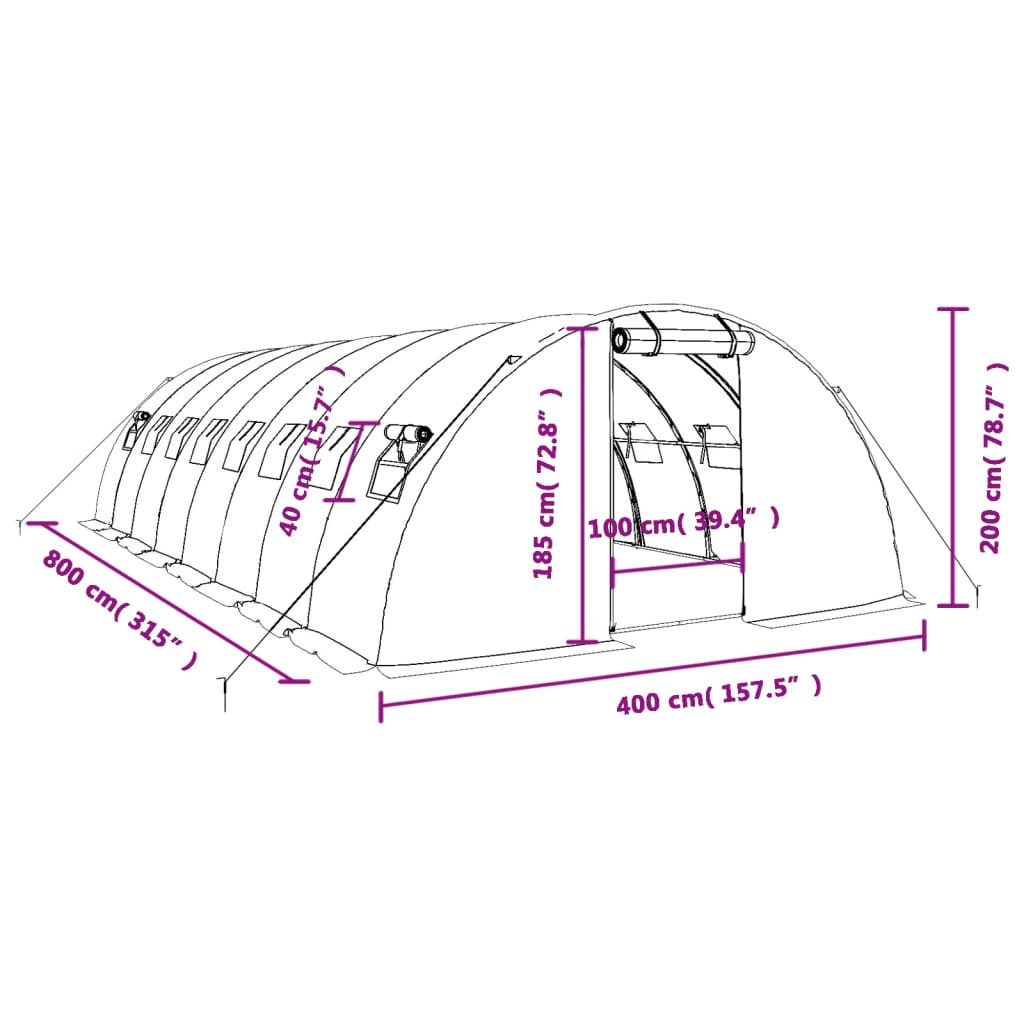 vidaXL Greenhouse with Steel Frame White 32 m² 8x4x2 m