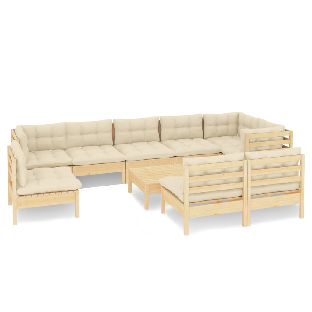 vidaXL 10 Piece Garden Lounge Set with Cream Cushions Solid Pinewood
