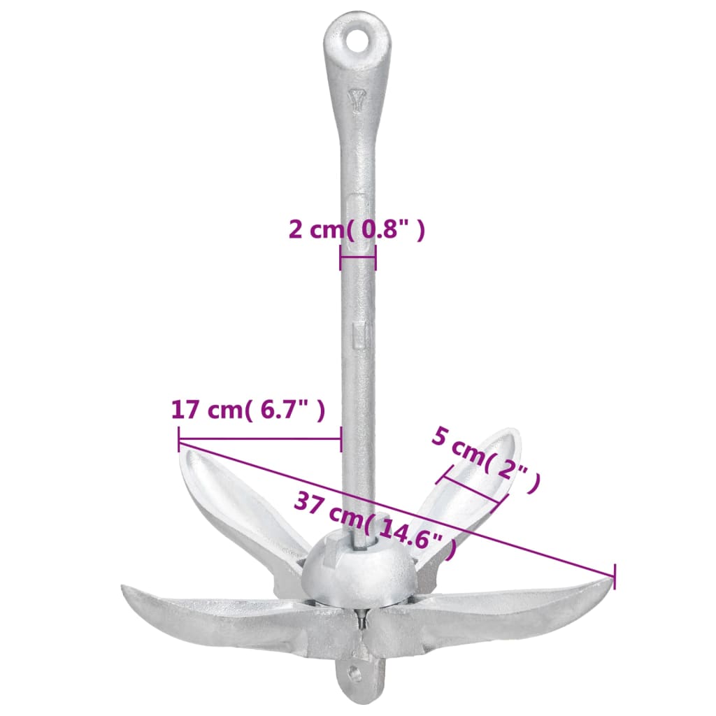 vidaXL Folding Anchor with Rope Silver 3.2 kg Malleable Iron