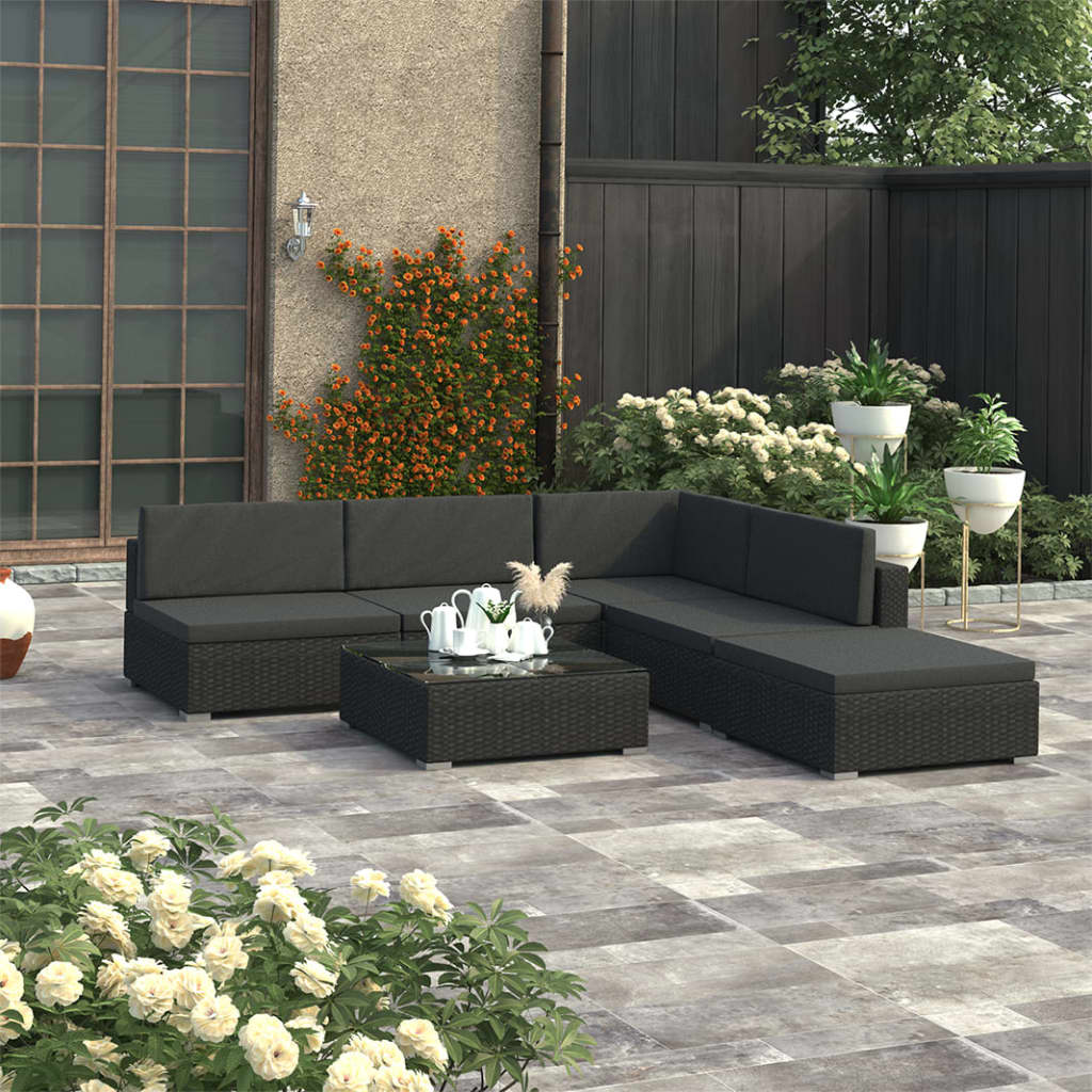 vidaXL 6 Piece Garden Lounge Set Black with Cushions Poly Rattan