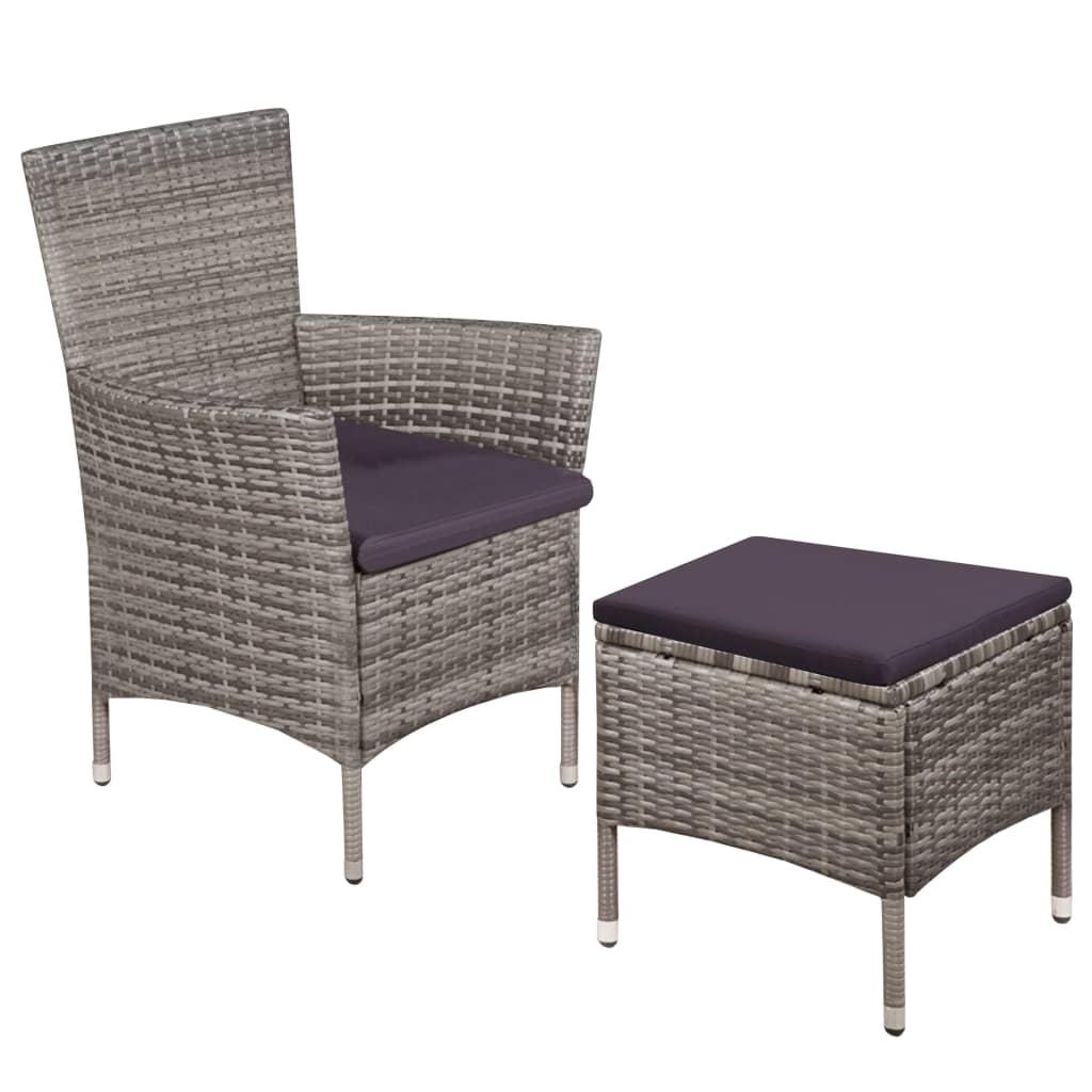 vidaXL Outdoor Chair and Stool with Cushions Poly Rattan Grey