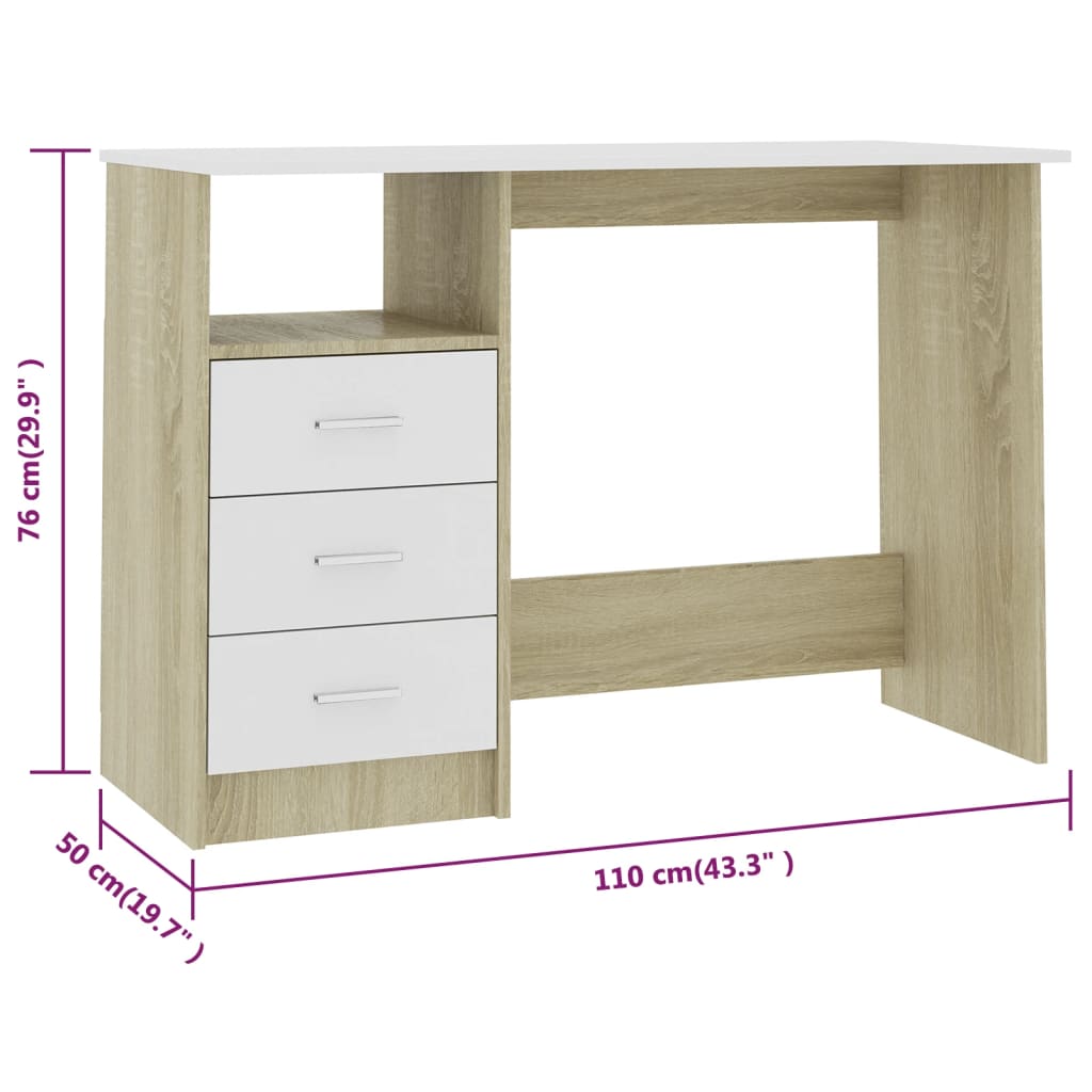 vidaXL Desk with Drawers White and Sonoma Oak 110x50x76 cm Engineered Wood