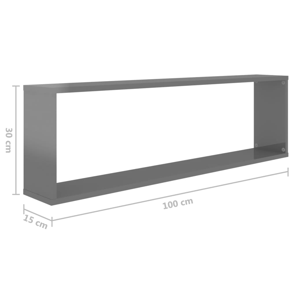 vidaXL Wall Cube Shelf 2 pcs High Gloss Grey 100x15x30 cm Engineered