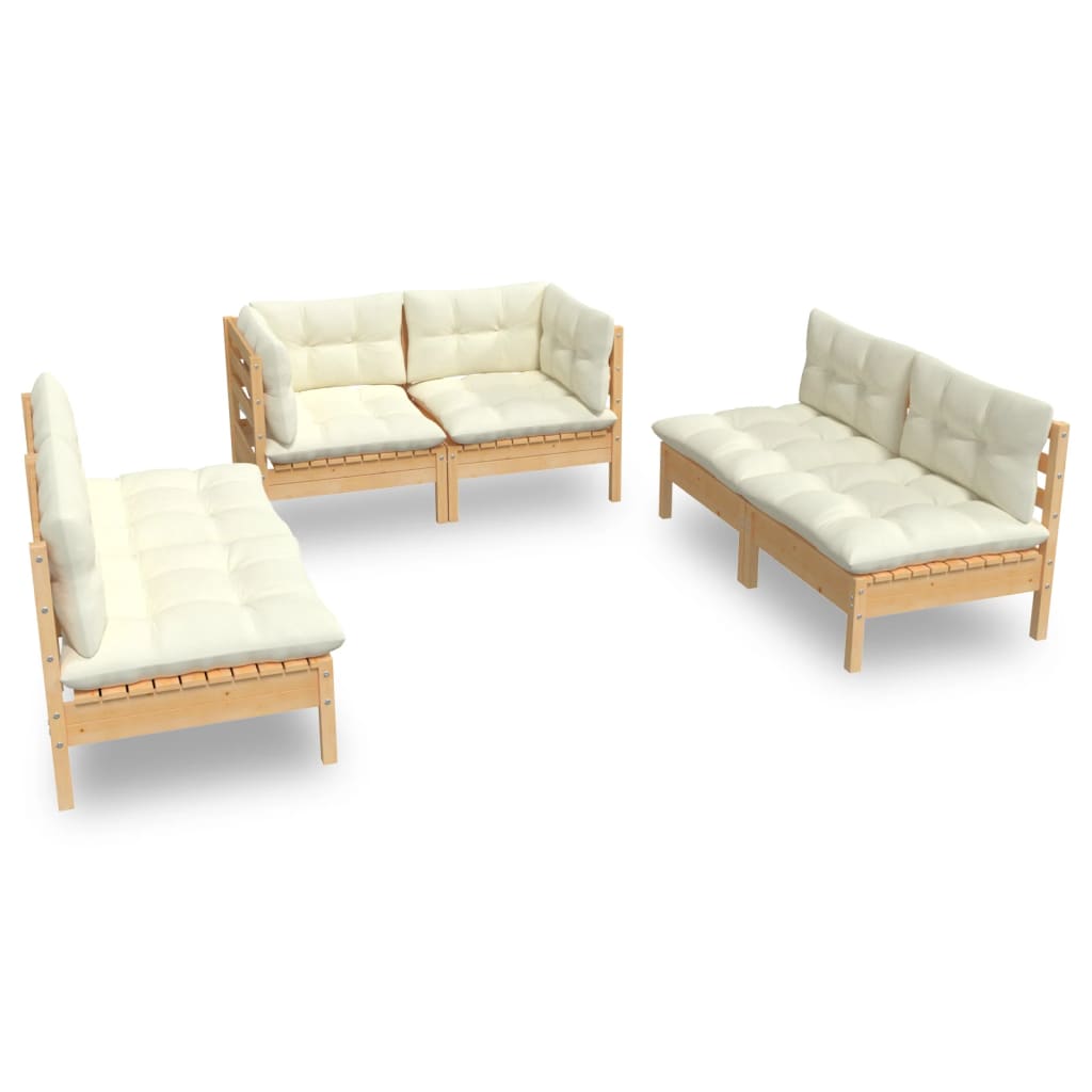 vidaXL 6 Piece Garden Lounge Set with Cream Cushions Solid Pinewood