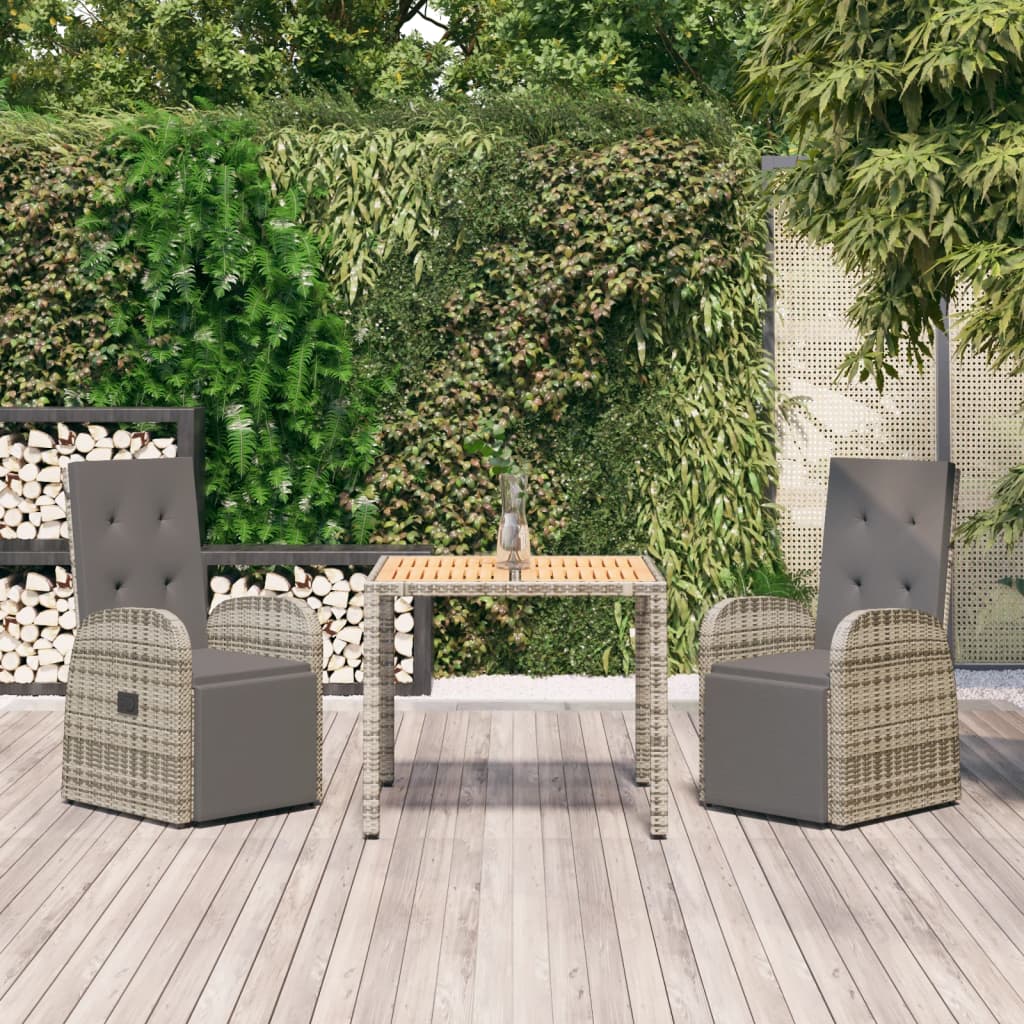 vidaXL 3 Piece Garden Dining Set with Cushions Grey Poly Rattan