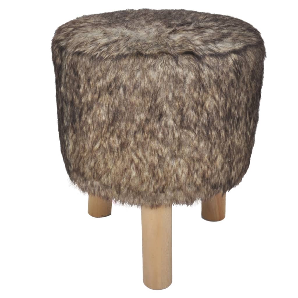 Plush Round Footrest with 3 Wooden Feet Brown