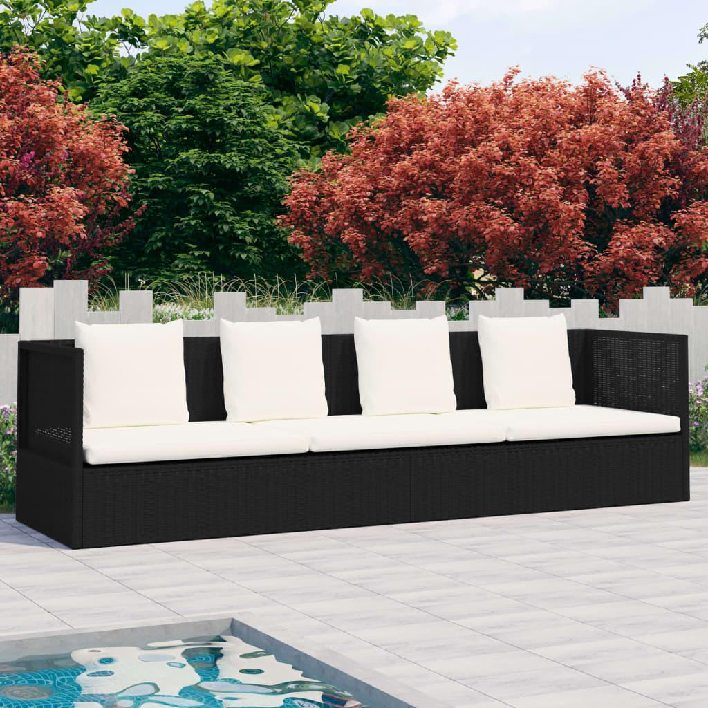 vidaXL Garden Bed with Cushion & Pillows Poly Rattan Black