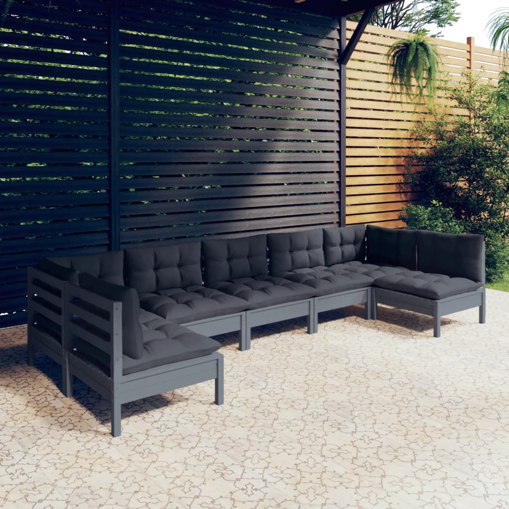vidaXL 7 Piece Garden Lounge Set with Cushions Grey Solid Pinewood
