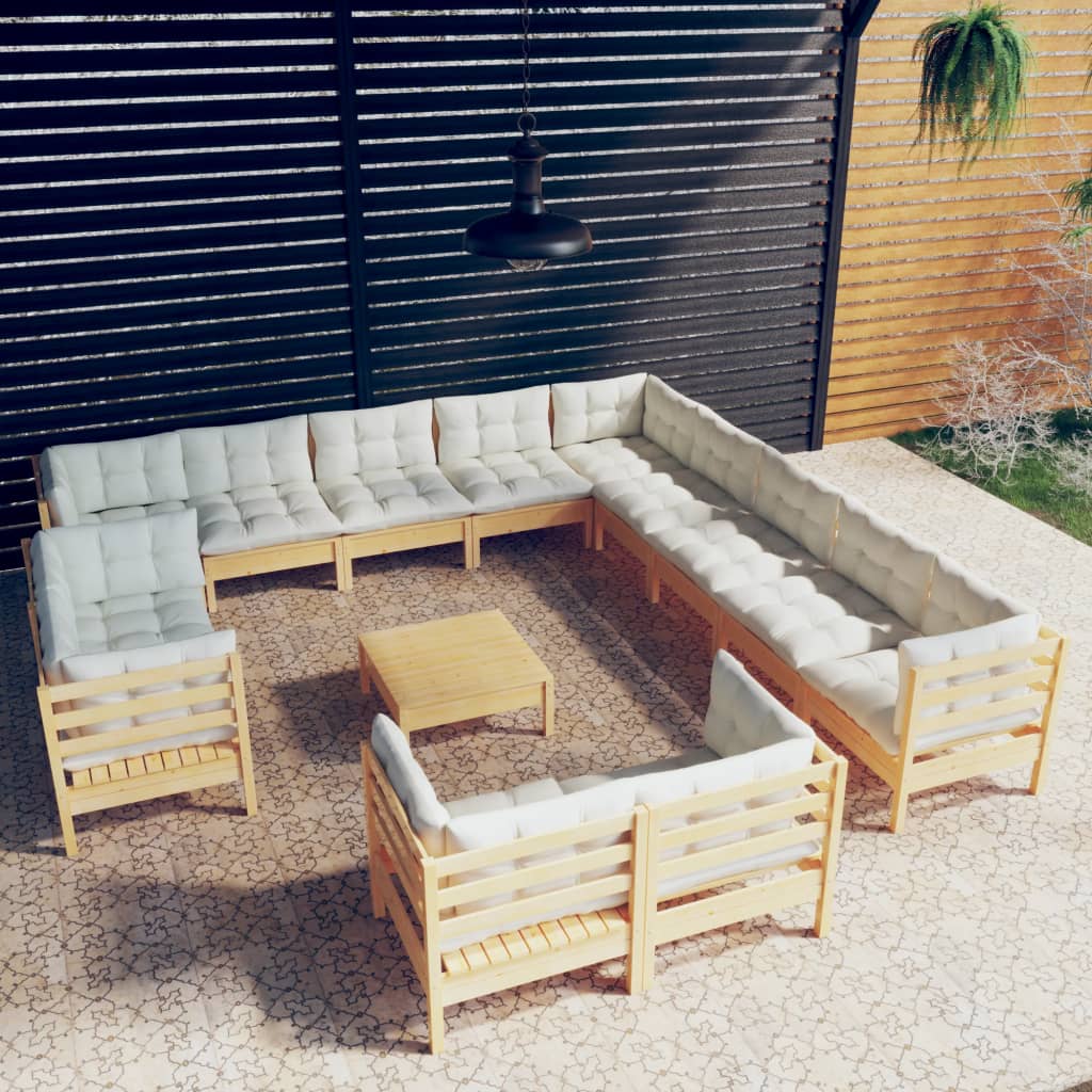 vidaXL 14 Piece Garden Lounge Set with Cream Cushions Solid Pinewood