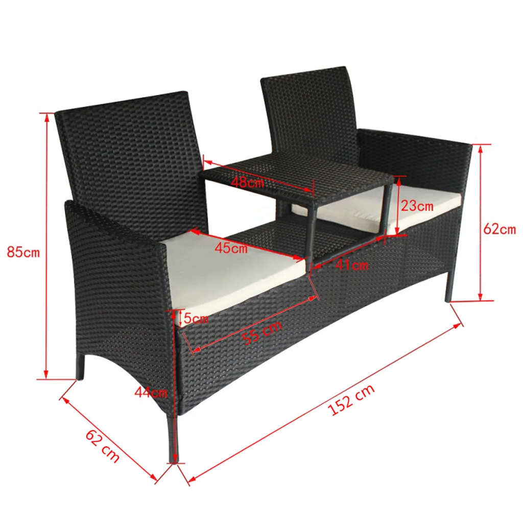 vidaXL 2-Seater Garden Sofa with Tea Table Poly Rattan Black