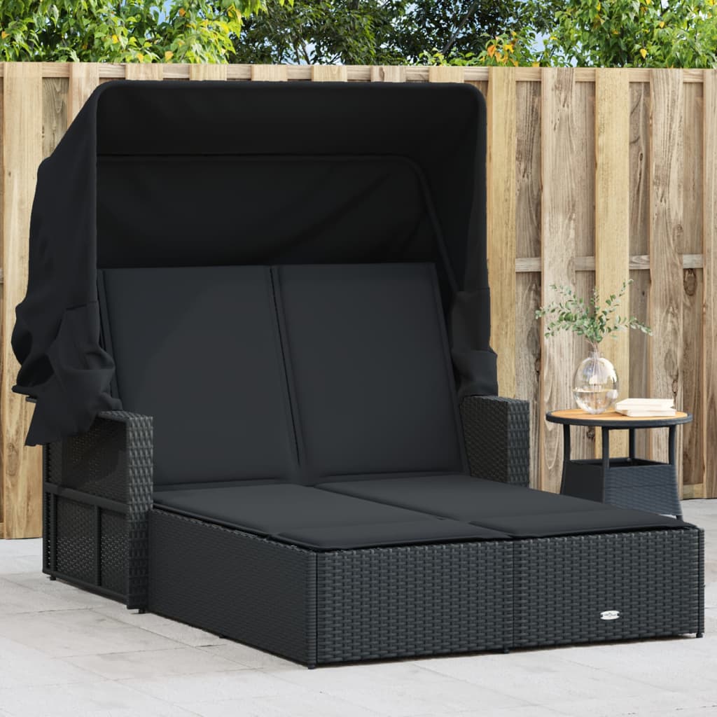 vidaXL Double Sun Lounger with Canopy and Cushions Black Poly Rattan