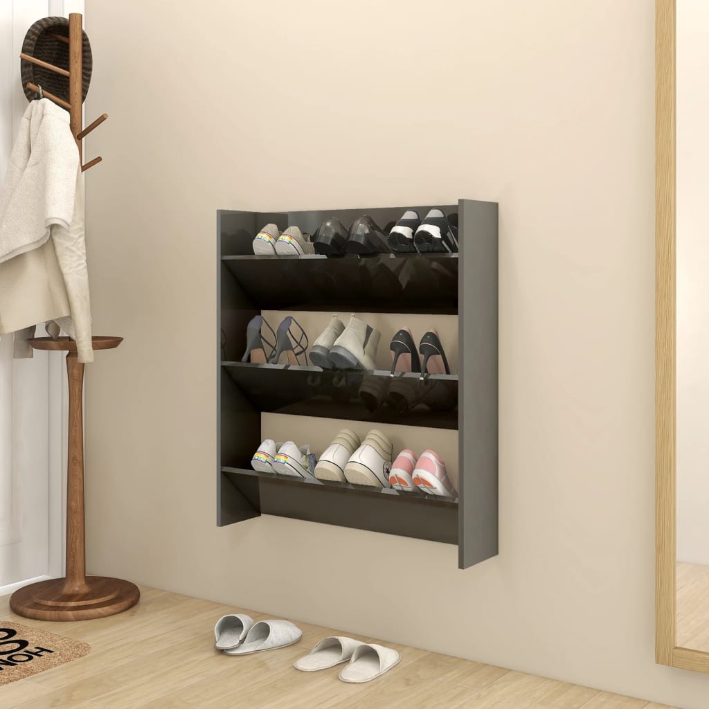 vidaXL Wall Shoe Cabinet High Gloss Grey 80x18x90 cm Engineered Wood
