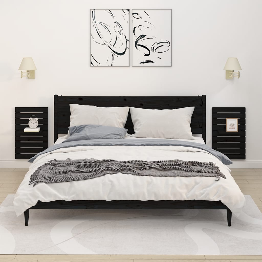 vidaXL Wall-mounted Bedside Shelves 2 pcs Black Solid Wood Pine
