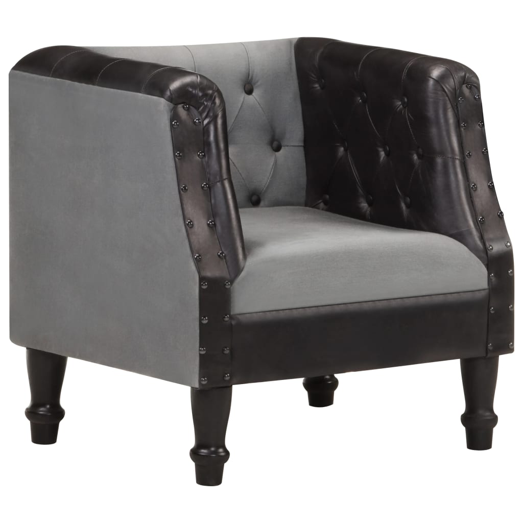 vidaXL Tub Chair Black Real Leather and Solid Mango Wood