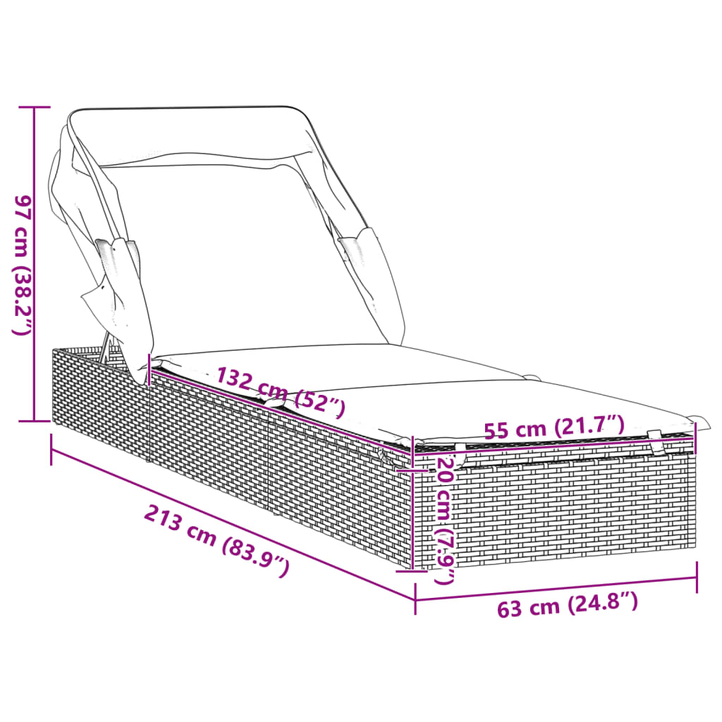 vidaXL Sunbed with Foldable Roof Brown 213x63x97 cm Poly Rattan