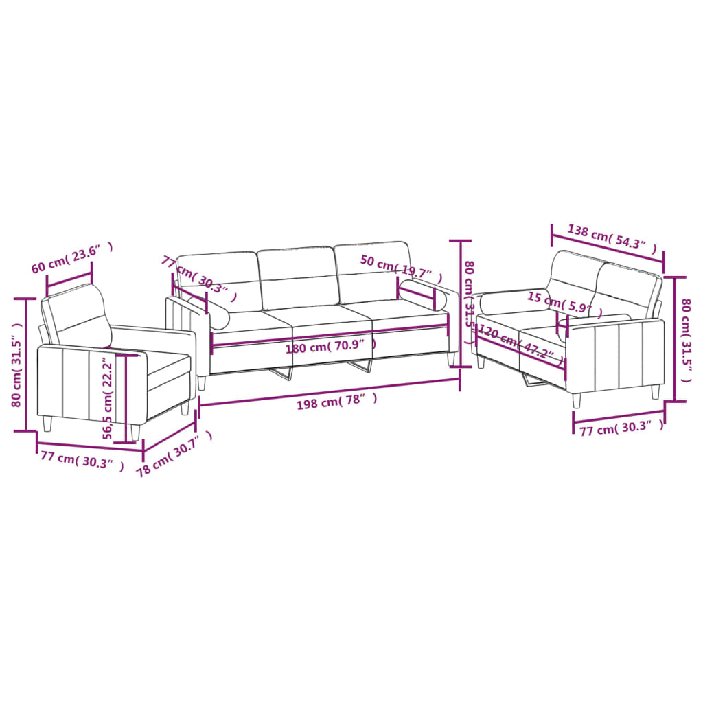vidaXL 3 Piece Sofa Set with Throw Pillows and Cushions Light Grey Fabric