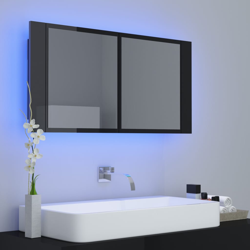vidaXL LED Bathroom Mirror Cabinet High Gloss Black 90x12x45 cm