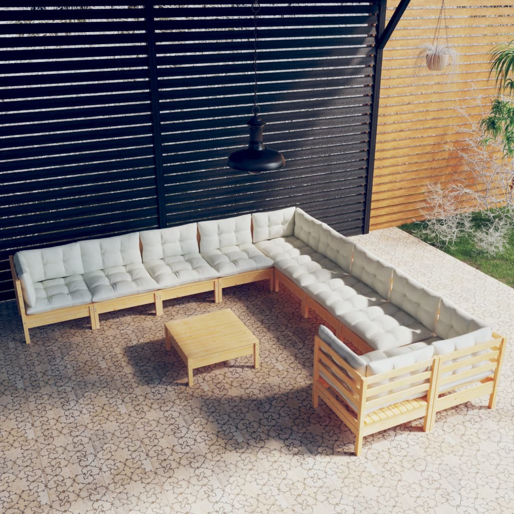vidaXL 11 Piece Garden Lounge Set with Cream Cushions Pinewood