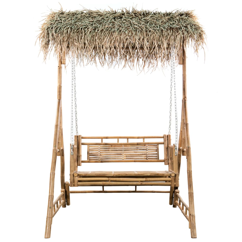vidaXL 2-Seater Swing Bench with Palm Leaves and Cushion 202 cm Bamboo
