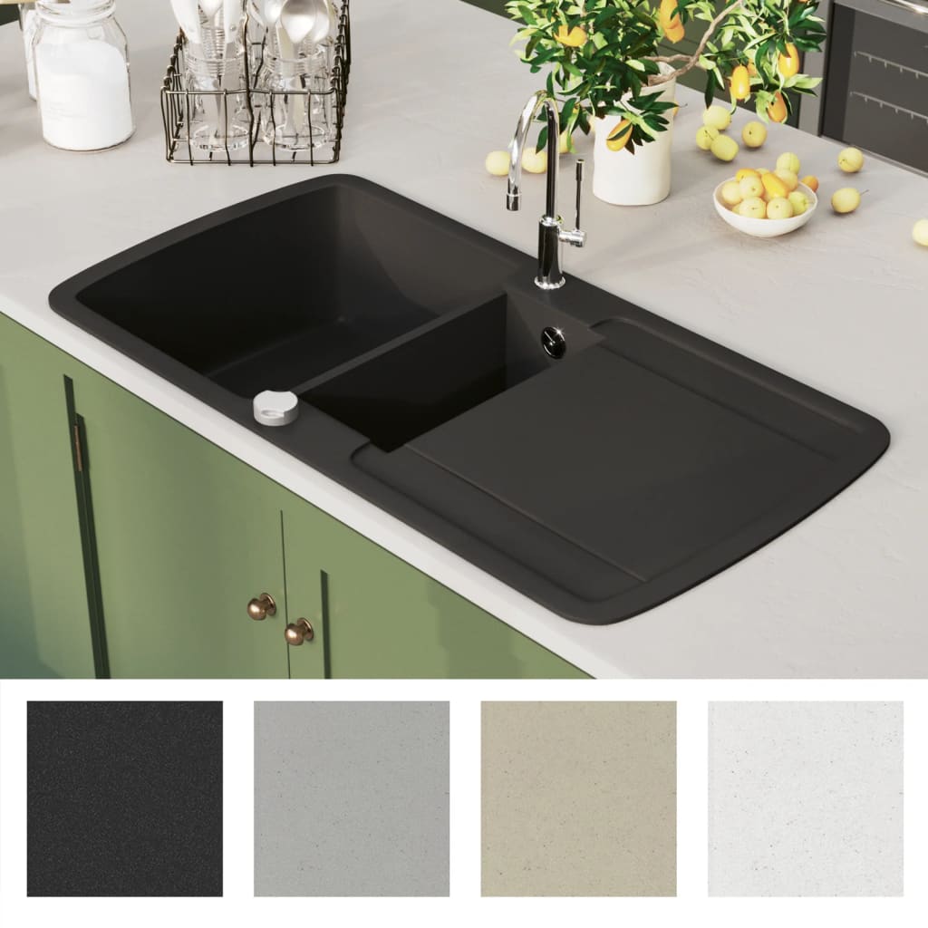 vidaXL Granite Kitchen Sink Double Basin Black