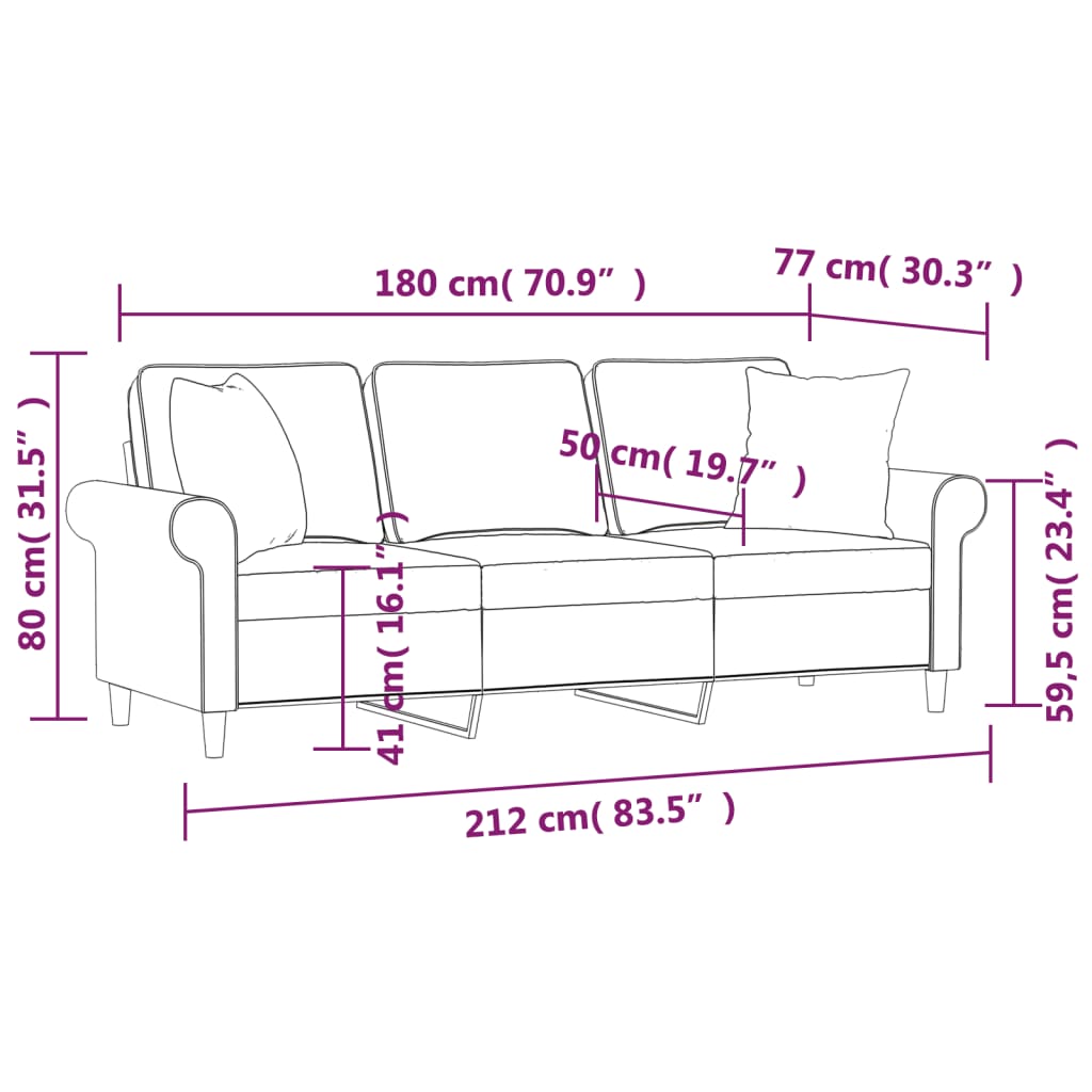 vidaXL 3-Seater Sofa with Pillows&Cushions Light Grey 180 cm Fabric
