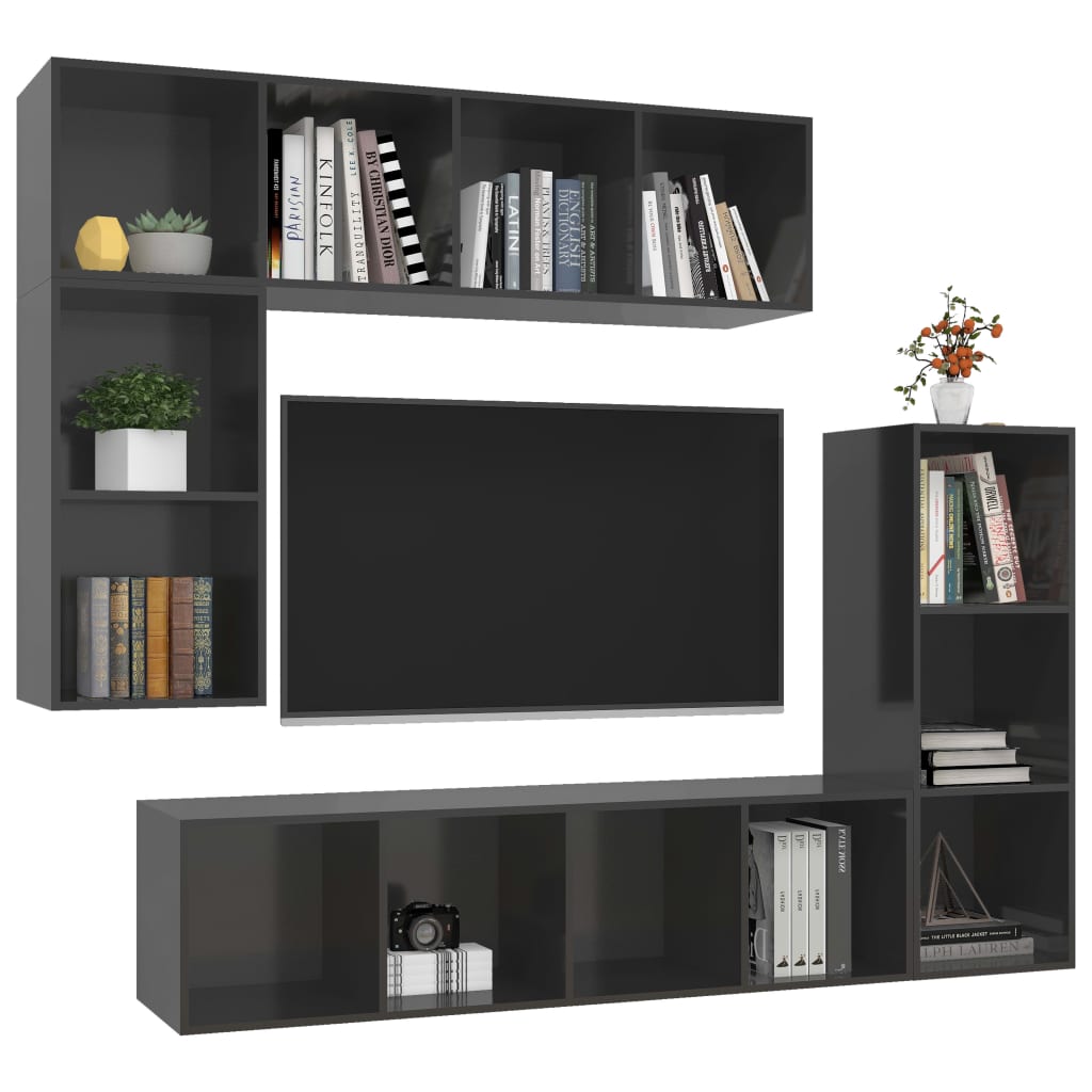 vidaXL 4 Piece TV Cabinet Set High Gloss Grey Chipboard