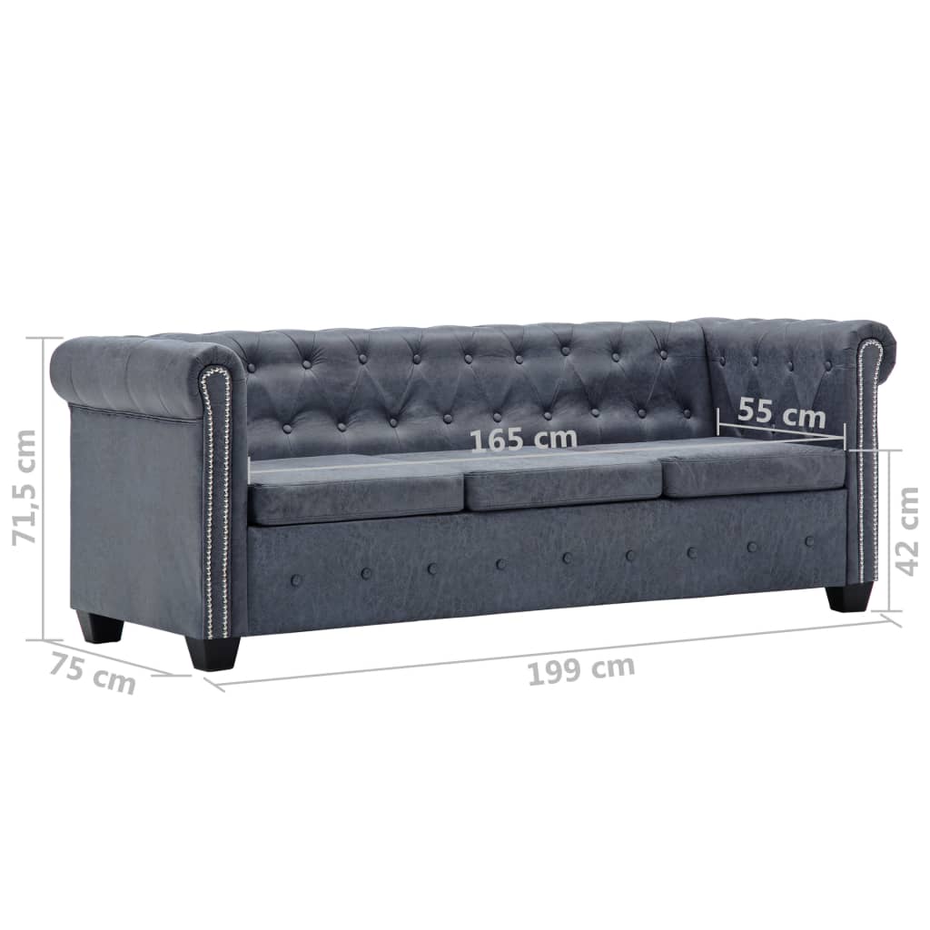 vidaXL 3-Seater Chesterfield Sofa Artificial Suede Leather Grey