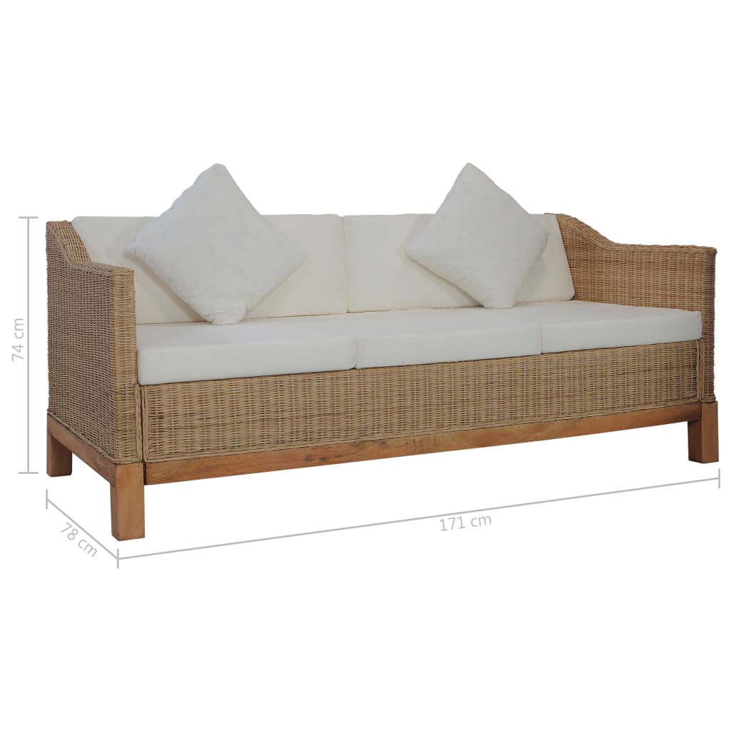 vidaXL 3-Seater Sofa with Cushions Natural Rattan