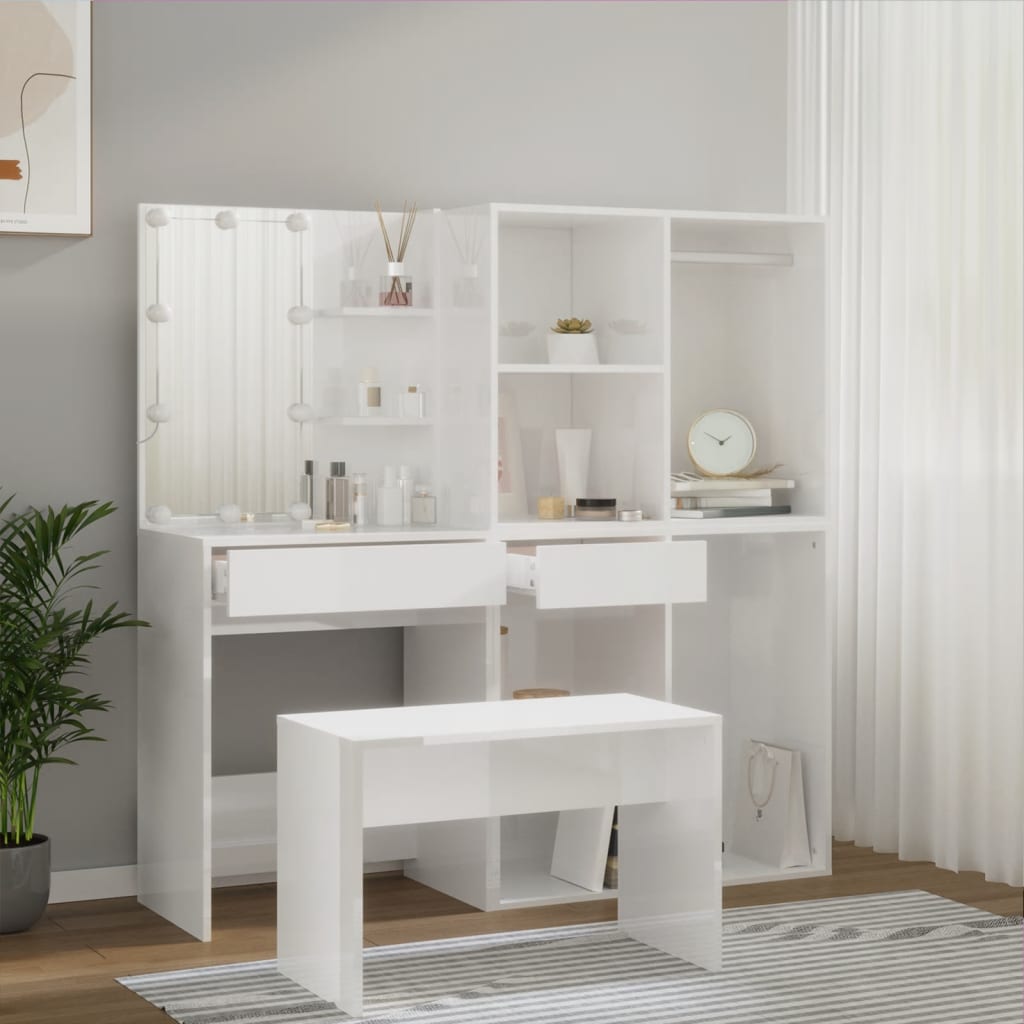 vidaXL Dressing Table Set with LED High Gloss White Engineered Wood