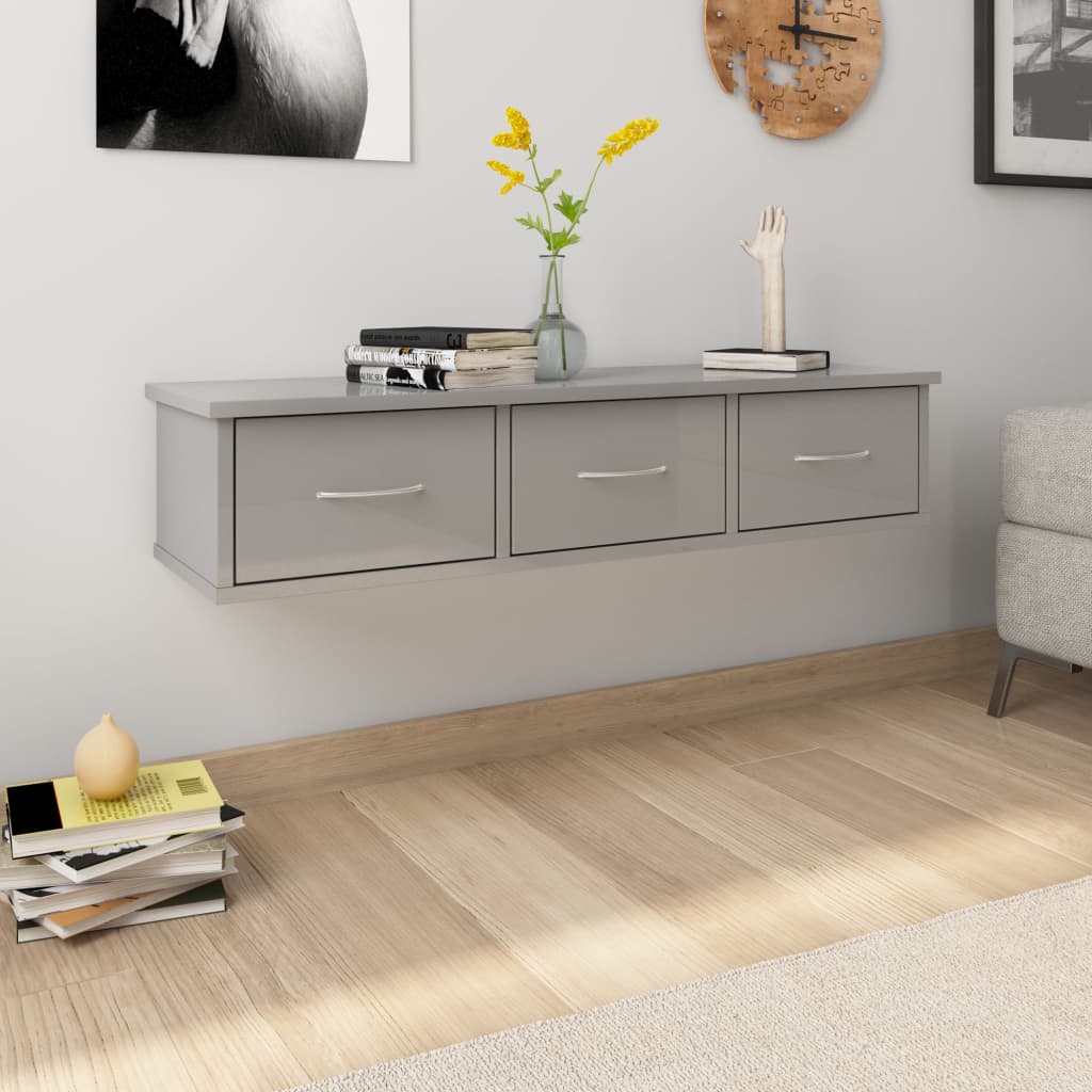 vidaXL Wall-mounted Drawer Shelf High Gloss Grey 88x26x18.5 cm Engineered Wood