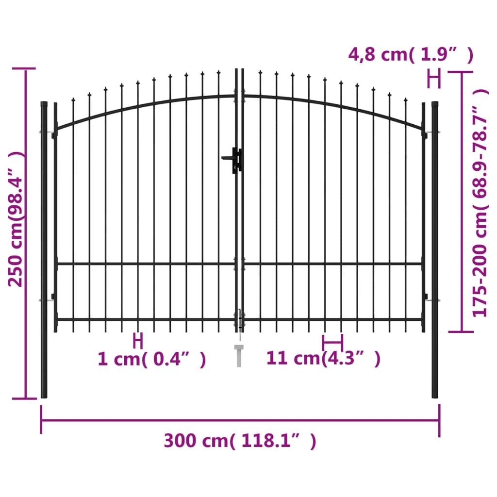 vidaXL Fence Gate Double Door with Spike Top Steel 3x2 m Black