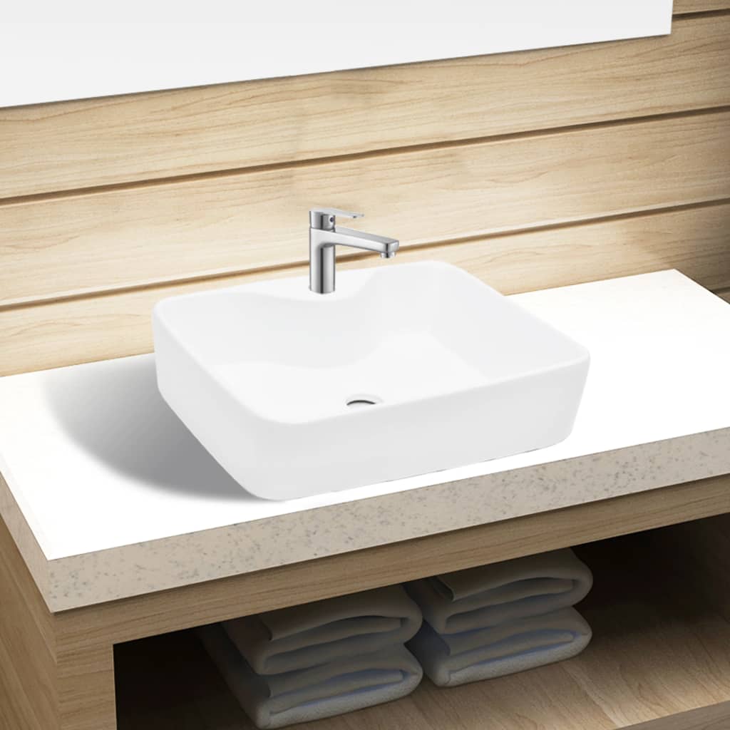 vidaXL Ceramic Sink Basin Faucet & Overflow Hole Bathroom Corner White Fixture 