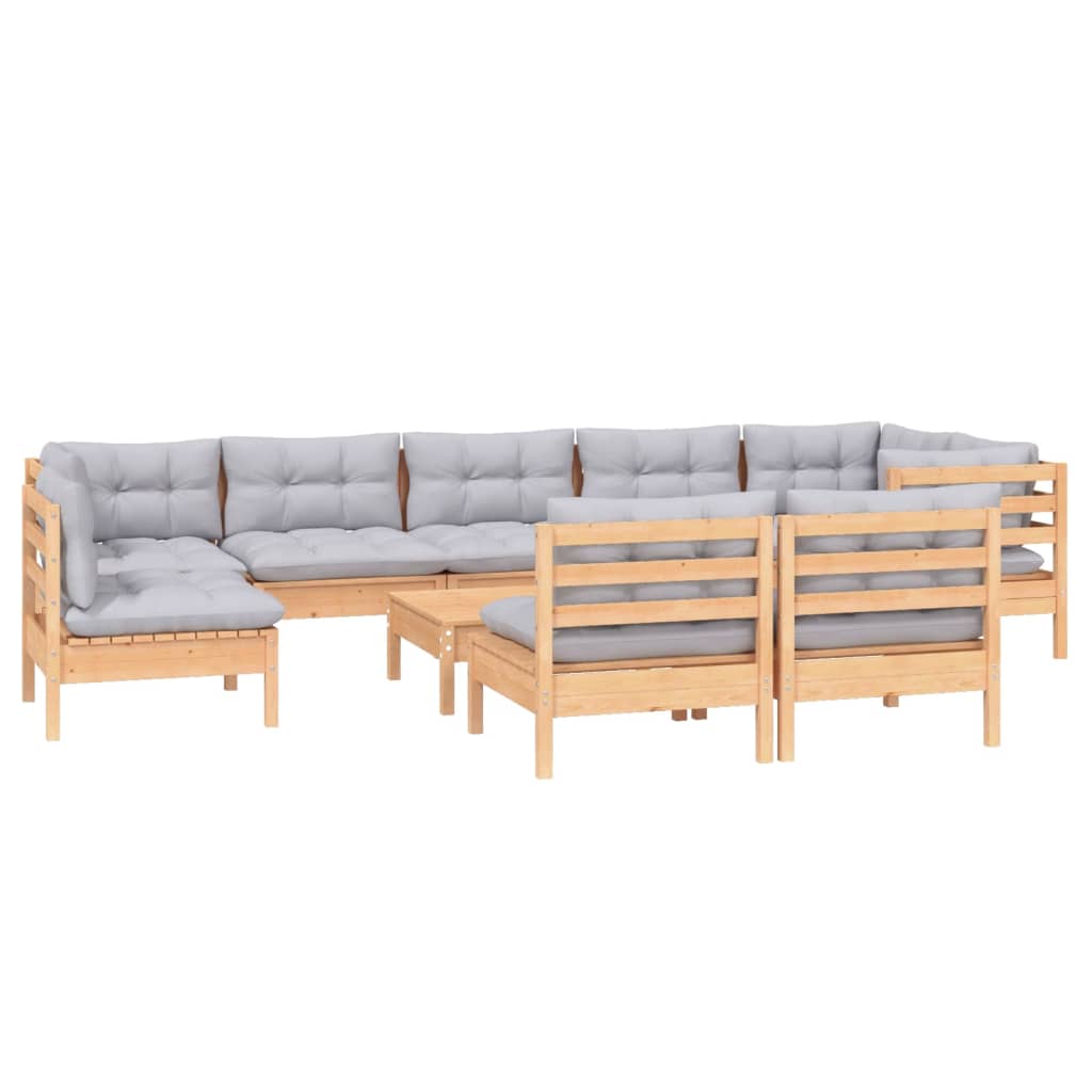 vidaXL 10 Piece Garden Lounge Set with Grey Cushions Solid Pinewood