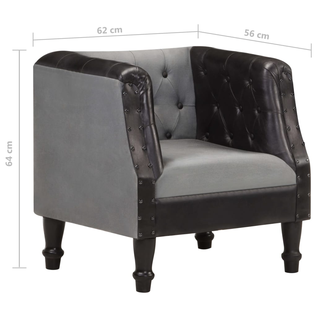vidaXL Tub Chair Black Real Leather and Solid Mango Wood