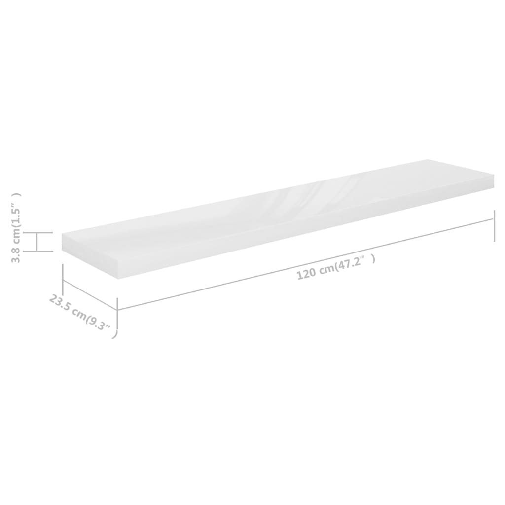 vidaXL Floating Wall Shelves 2 pcs High Gloss White 120x23.5x3.8 cm MDF