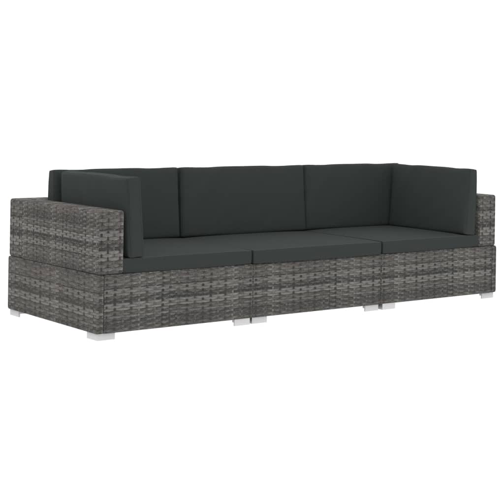 vidaXL 3 Piece Garden Sofa Set with Cushions Poly Rattan Grey