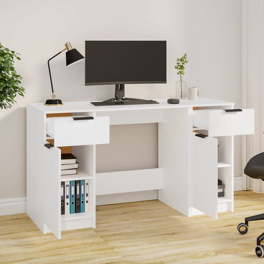 vidaXL Desk with Side Cabinet White Engineered Wood