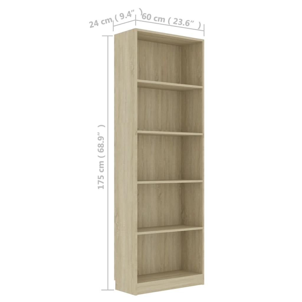 vidaXL 5-Tier Book Cabinet Sonoma Oak 60x24x175 cm Engineered Wood