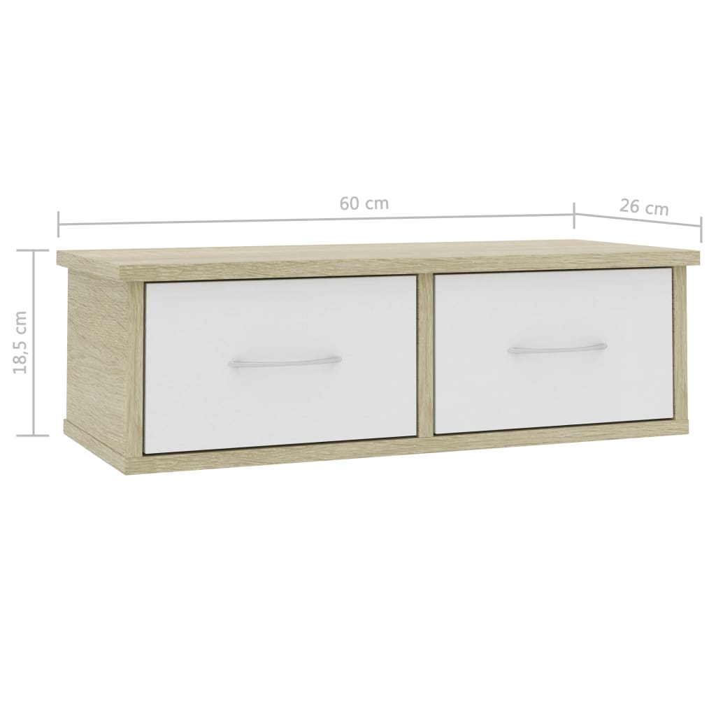 vidaXL Wall-mounted Drawer Shelf White and Sonoma Oak 60x26x18.5 cm Engineered Wood