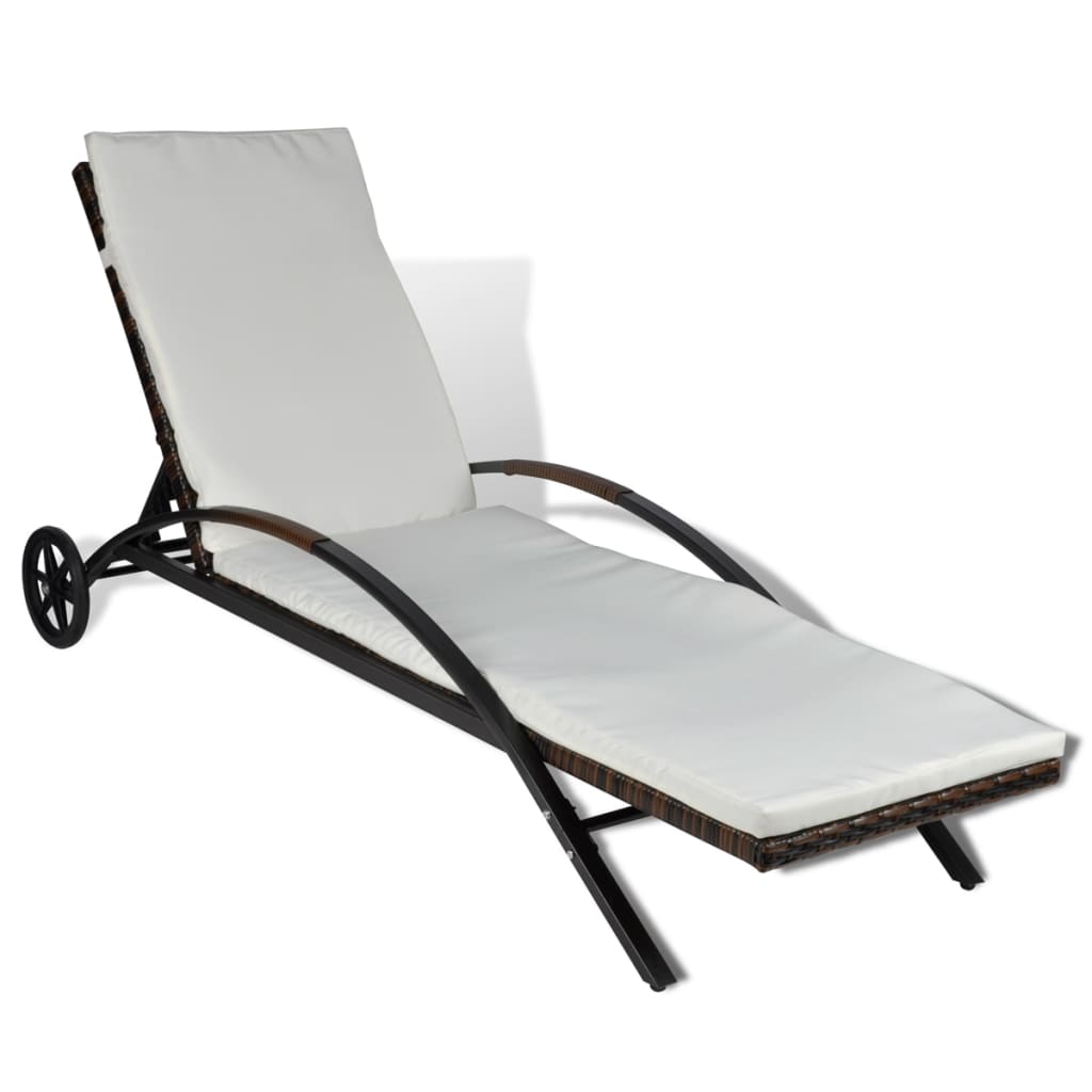 vidaXL Sun Lounger with Cushion & Wheels Poly Rattan Brown