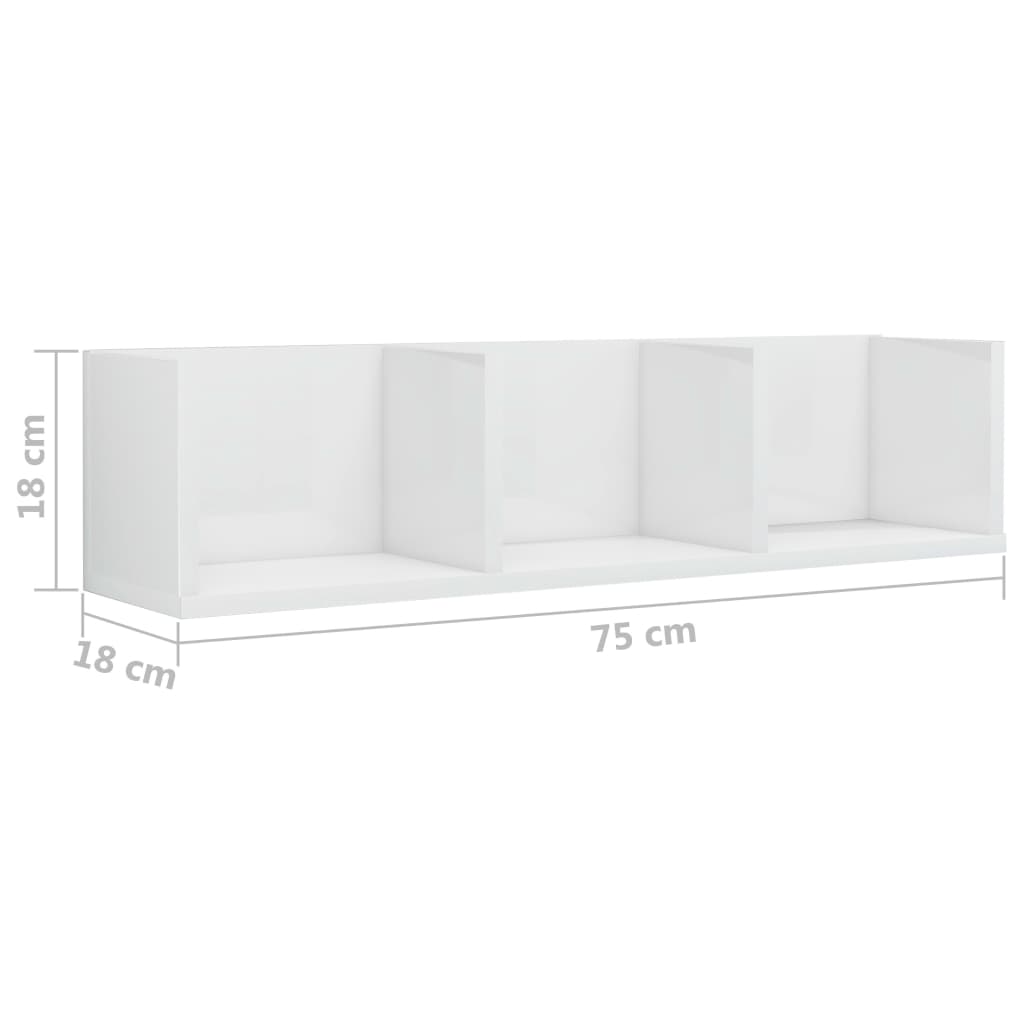vidaXL CD Wall Shelf High Gloss White 75x18x18 cm Engineered Wood