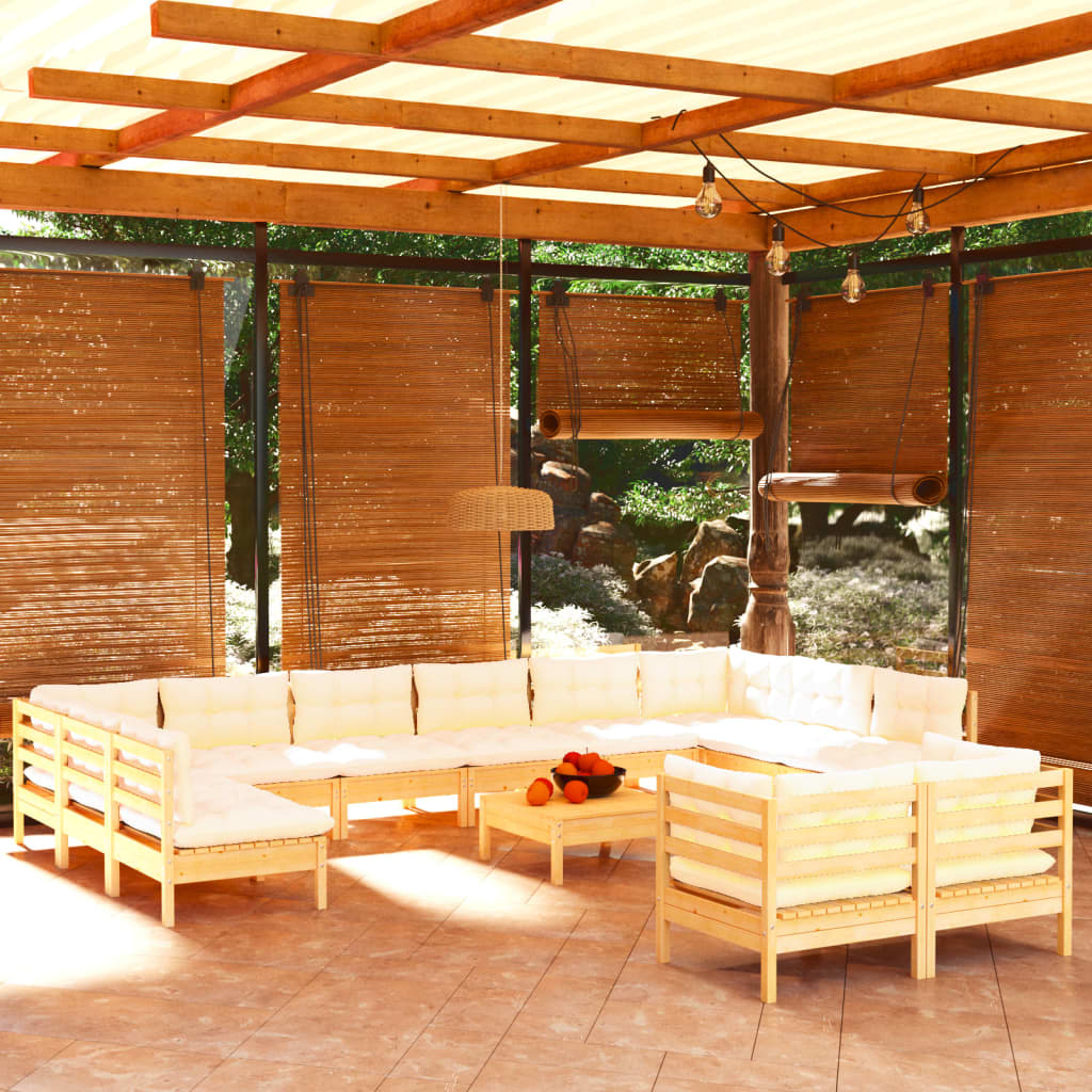 vidaXL 13 Piece Garden Lounge Set with Cream Cushions Pinewood