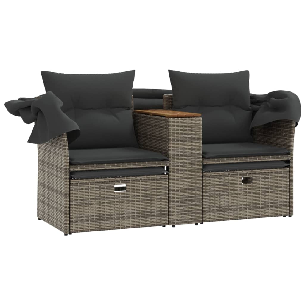 vidaXL Garden Sofa 2-Seater with Canopy and Stools Grey Poly Rattan