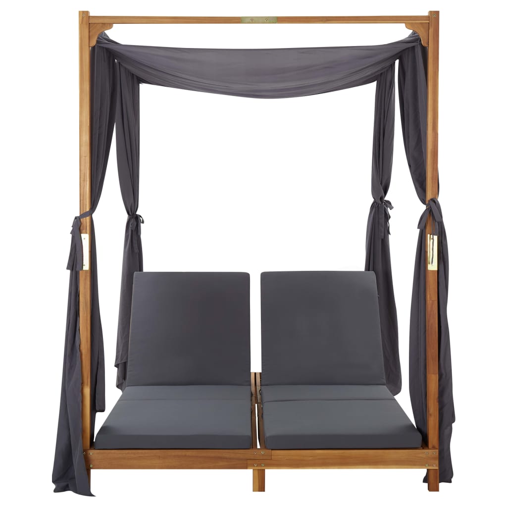 vidaXL Double Sun Lounger with Curtains & Cushions Solid Acacia Wood