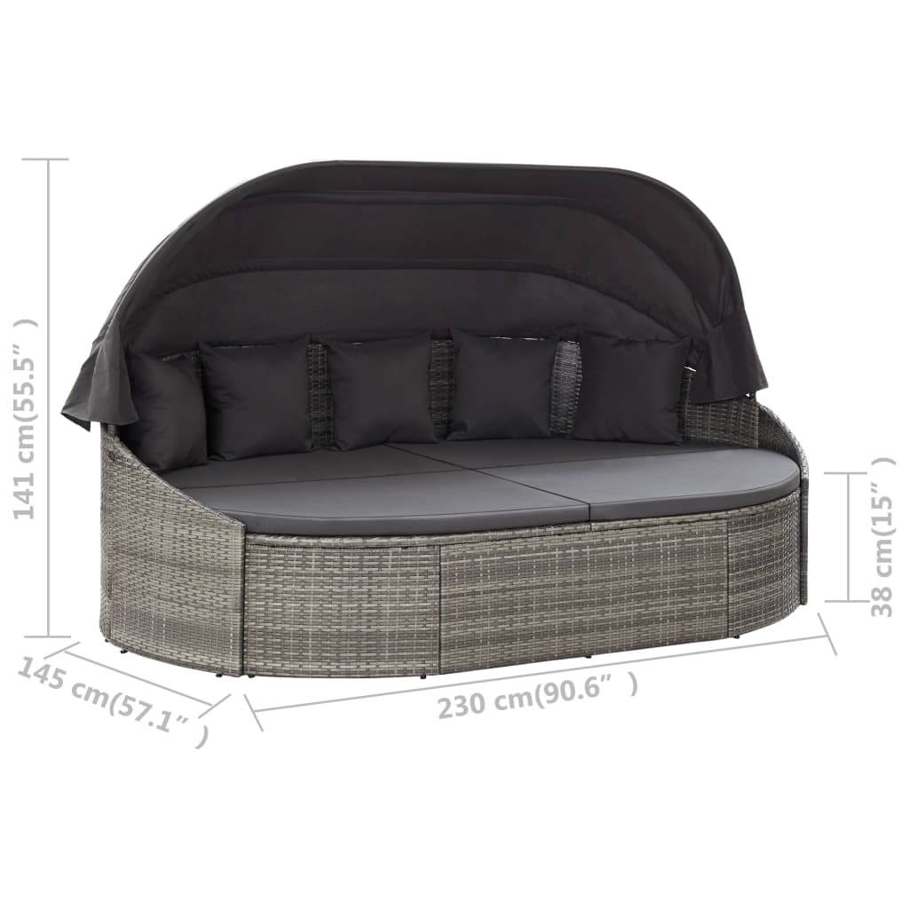 vidaXL Outdoor Lounge Bed with Canopy Poly Rattan Grey