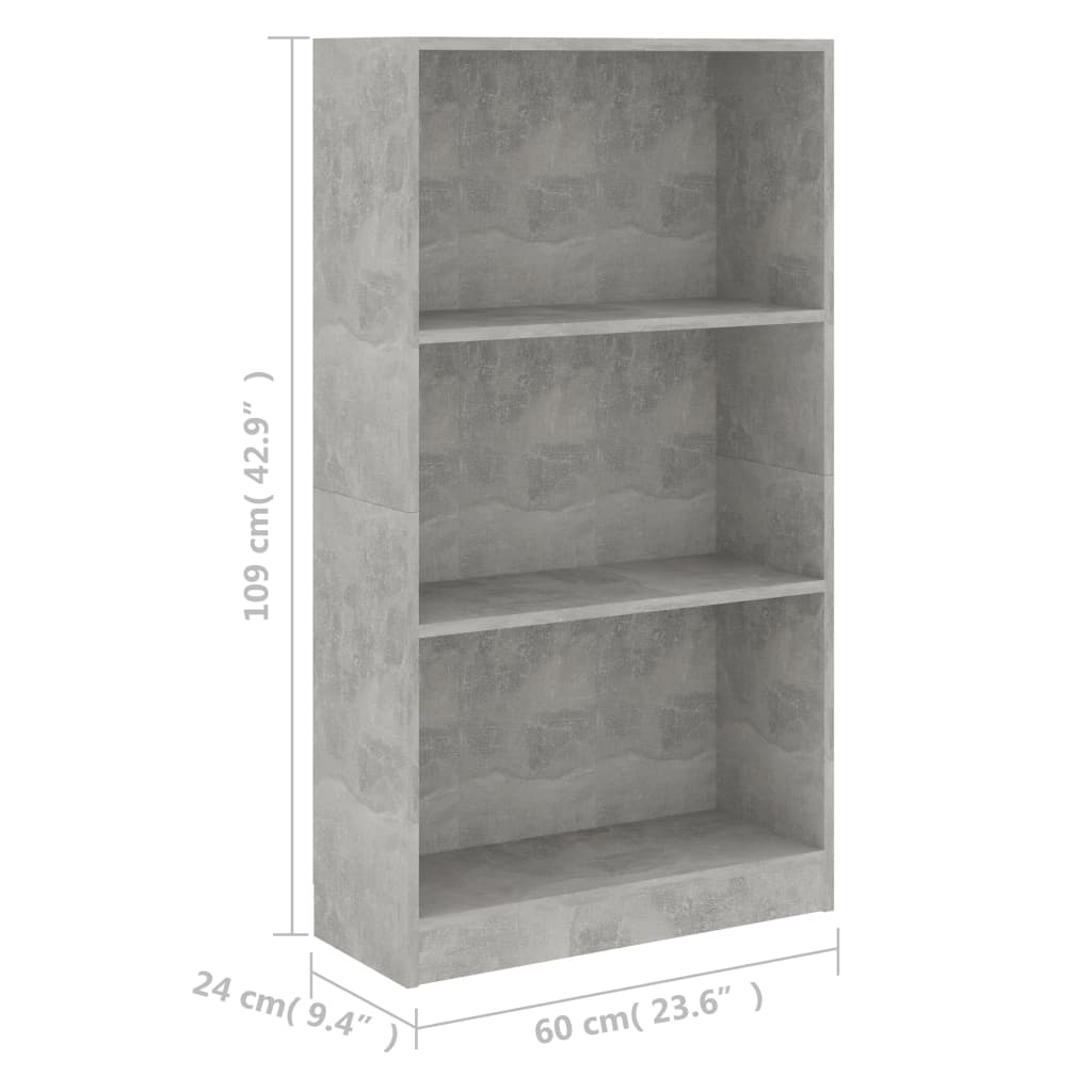 vidaXL 3-Tier Book Cabinet Concrete Grey 60x24x109 cm Engineered Wood