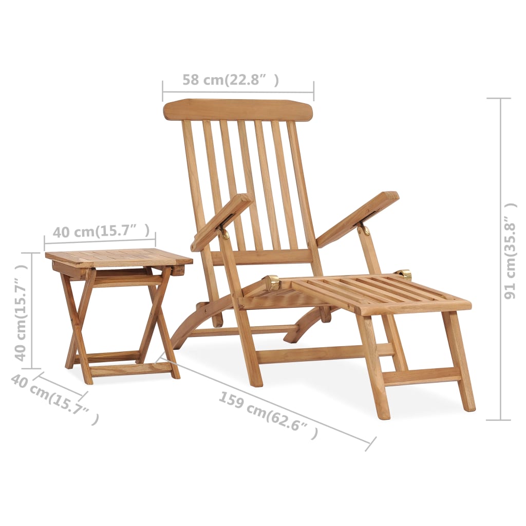 vidaXL Garden Deck Chair with Footrest and Table Solid Teak Wood