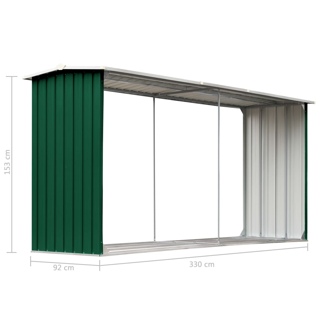 vidaXL Garden Log Storage Shed Galvanised Steel 330x92x153 cm Green