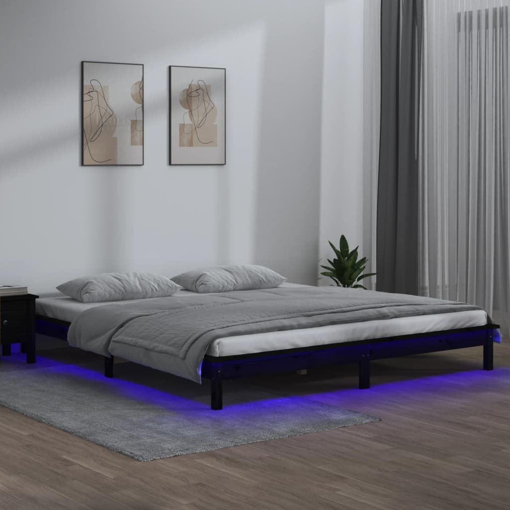 vidaXL LED Bed Frame Black 135x190 cm Double Solid Wood