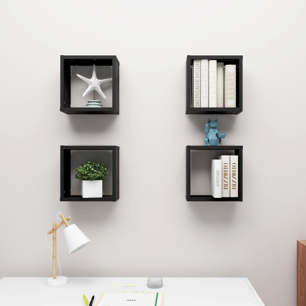 vidaXL Wall Cube Shelves 4 pcs Black 30x15x30 cm